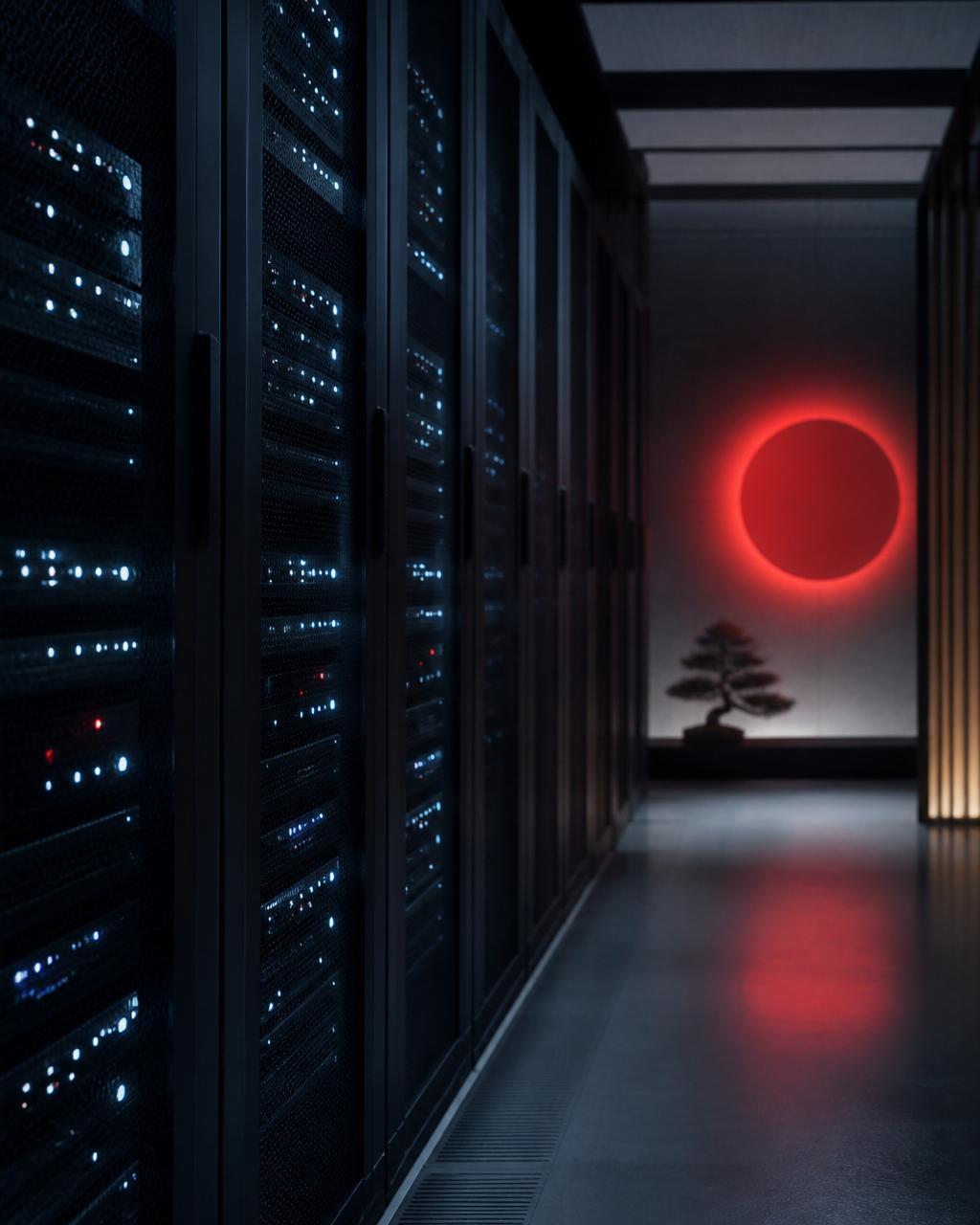Corredor de datacenter con racks de servidores iluminados y un sol rojo japonés al fondo