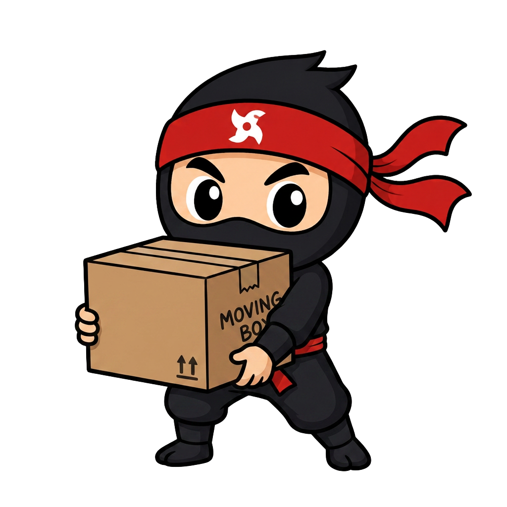 Mascota ninja cargando una caja de mudanza