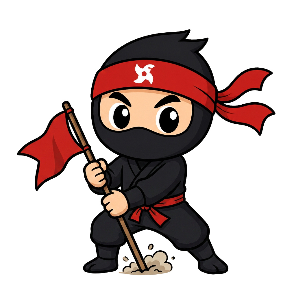 Mascota ninja plantando una bandera roja
