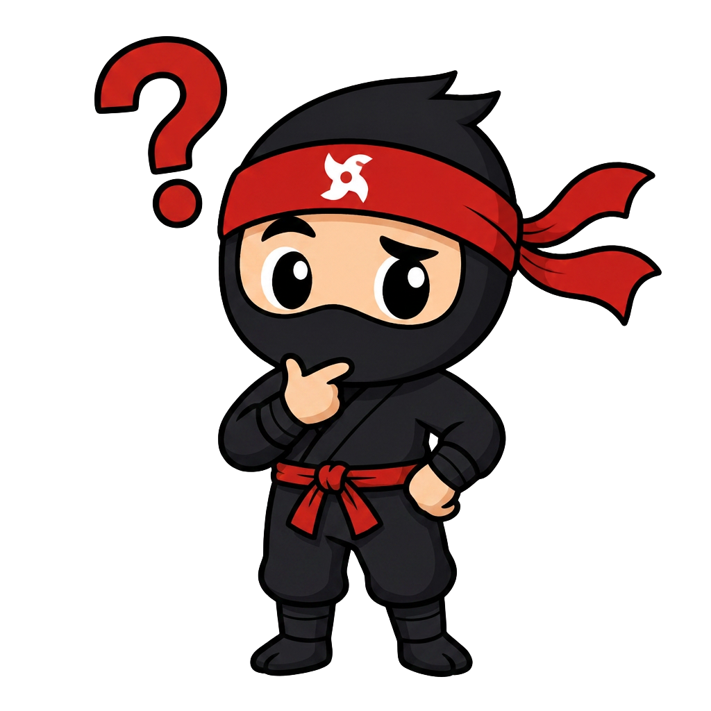 Mascota ninja pensando con un signo de interrogación