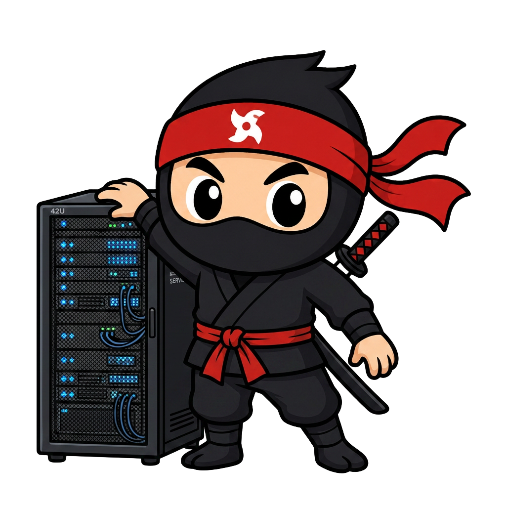 Mascota ninja apoyada en un rack de servidores