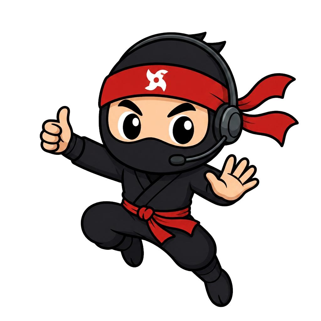 Mascota ninja con headset de soporte técnico
